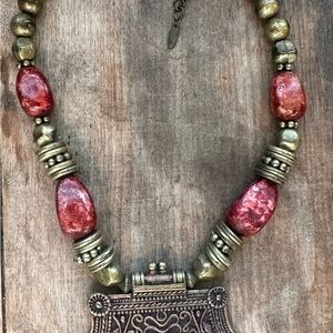 Vintage-Inspired Gold and Red Beaded Necklace
